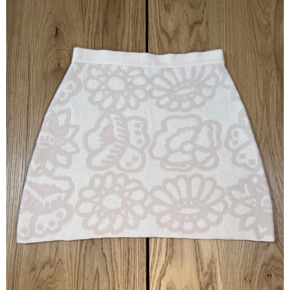 Uniqlo Marimekko Lambs Wool Knit Mini Skirt Large Beige Floral Art Deco